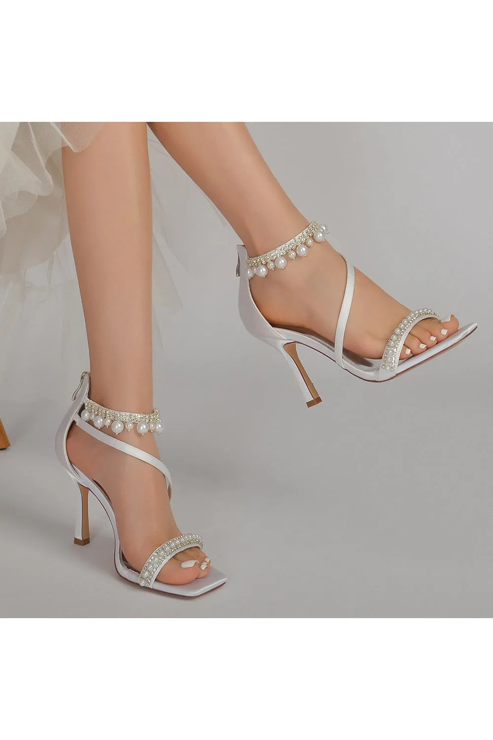 Square Open Toe Pearl Satin Stiletto Heels sold by KissProm product image thumbnail 5