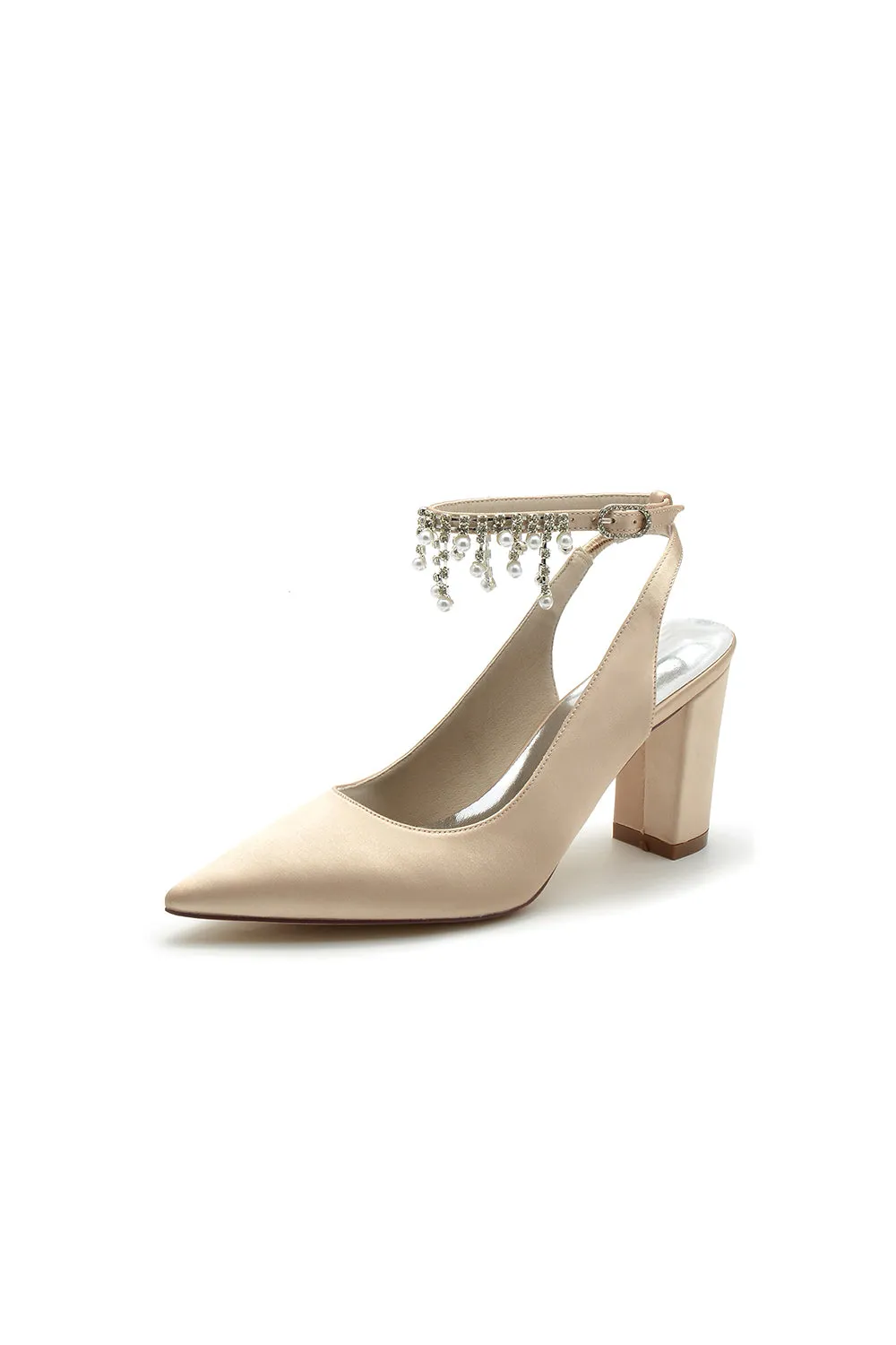 Pointed Toe Satin Chunky Heels With Pearl Tassel sold by KissProm