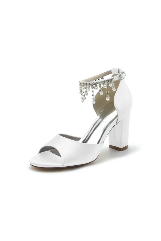 Open Toe Pearl Tassel Satin Chunky Heels sold by KissProm