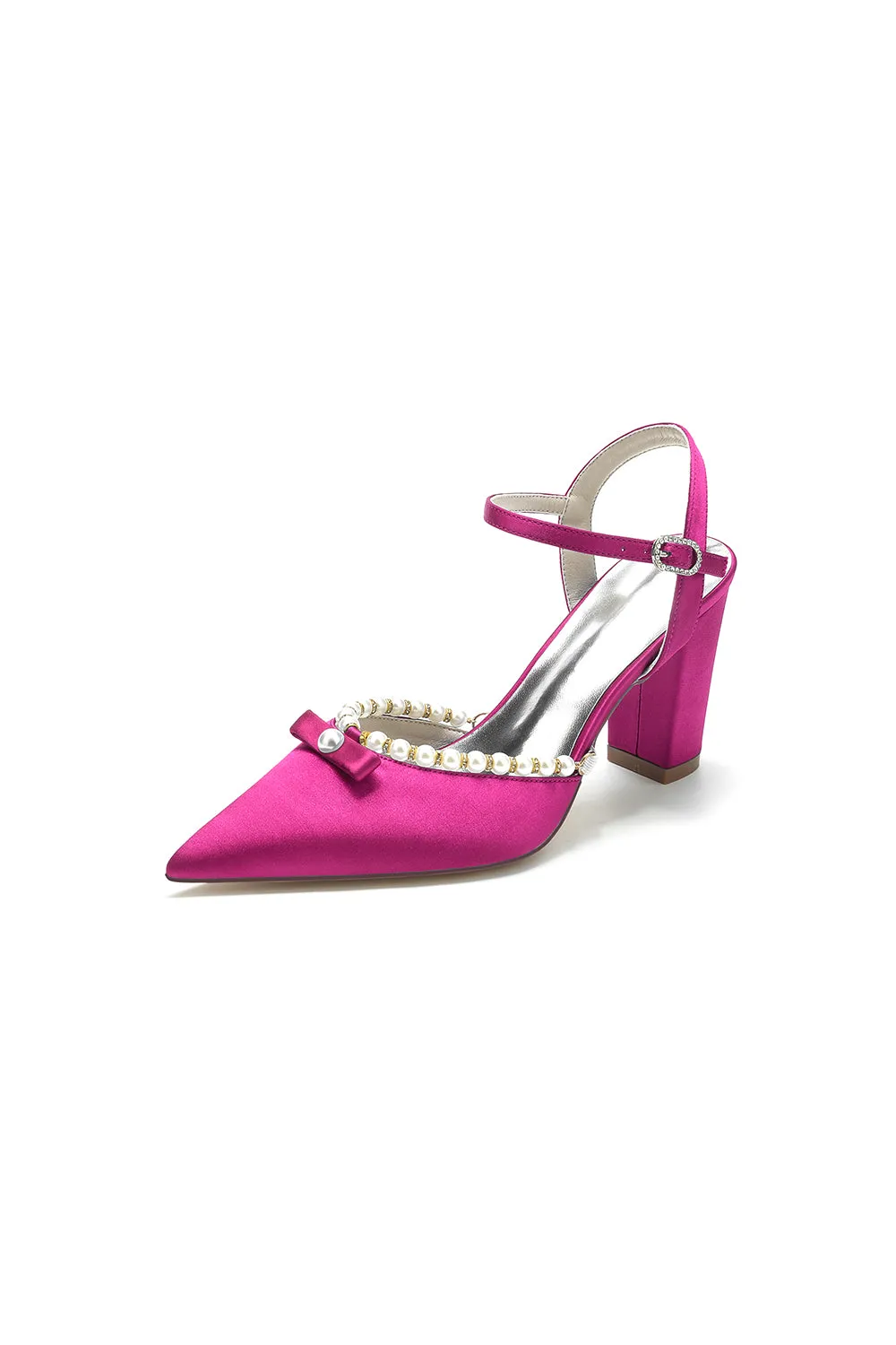 Pearl Pointed Toe Ankle Strap Chunky Heels With Bow sold by KissProm