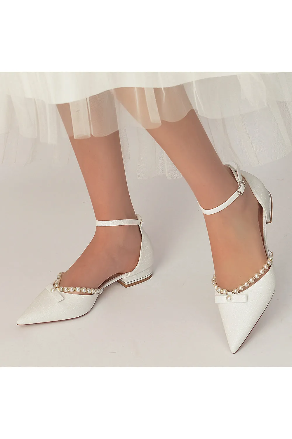 Glitter Pointed Toe Pearl Ankle Strap Low Heels With Bow sold by KissProm product image thumbnail 5