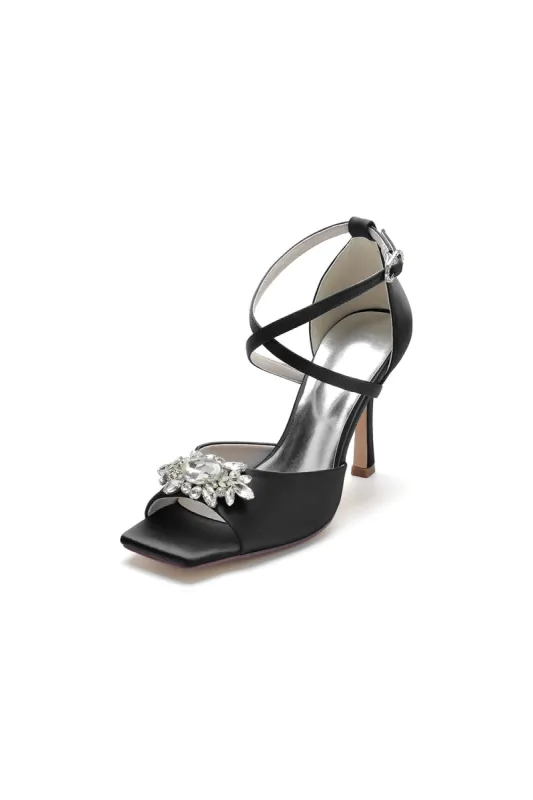 Crystal Buckle Square Open Toe Cross Straps Chunky Heels sold by KissProm
