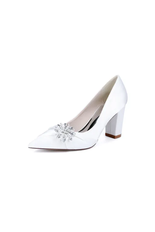 White Satin High Heels with a Crystal Flower Accent 22014-1Y sold by KissProm