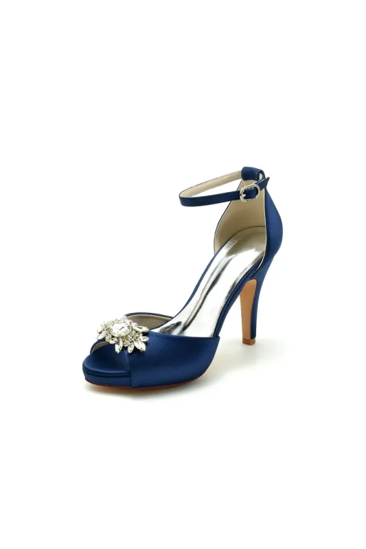 Navy Blue Silk Heels with Crystal Flower Ornament 718-13 sold by KissProm