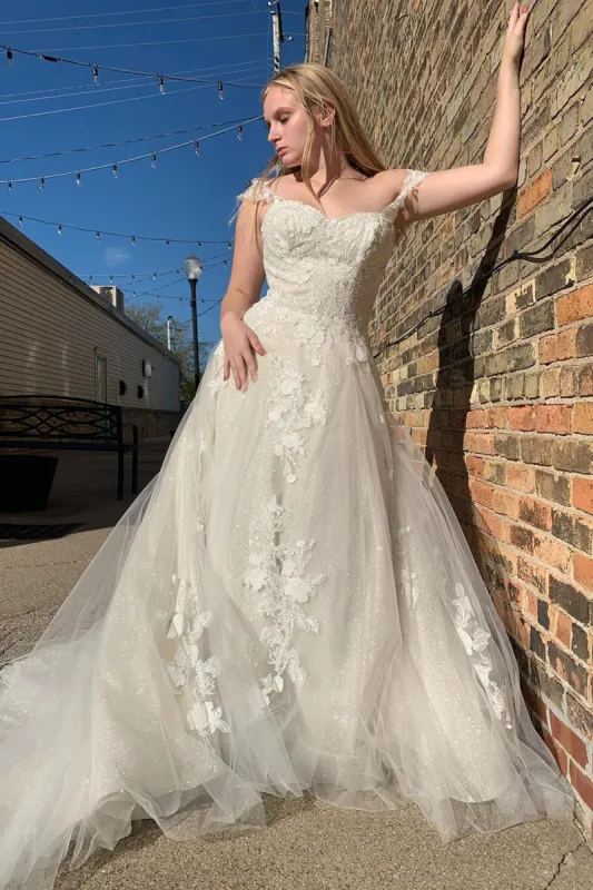 Kassidy | Glitter A-Line Off The Shouder White Long Wedding Dress with Appliques sold by KissProm