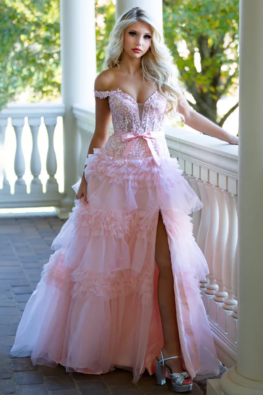 Princess A Line Off the Shoulder Light Pink Long Prom Dress