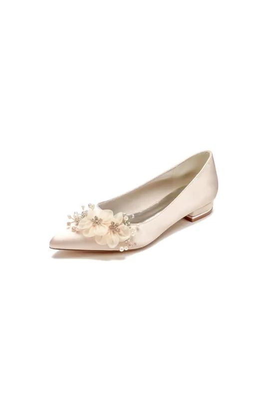 Satin Champagne Flats with Delicate Flower Embellishments sold by KissProm