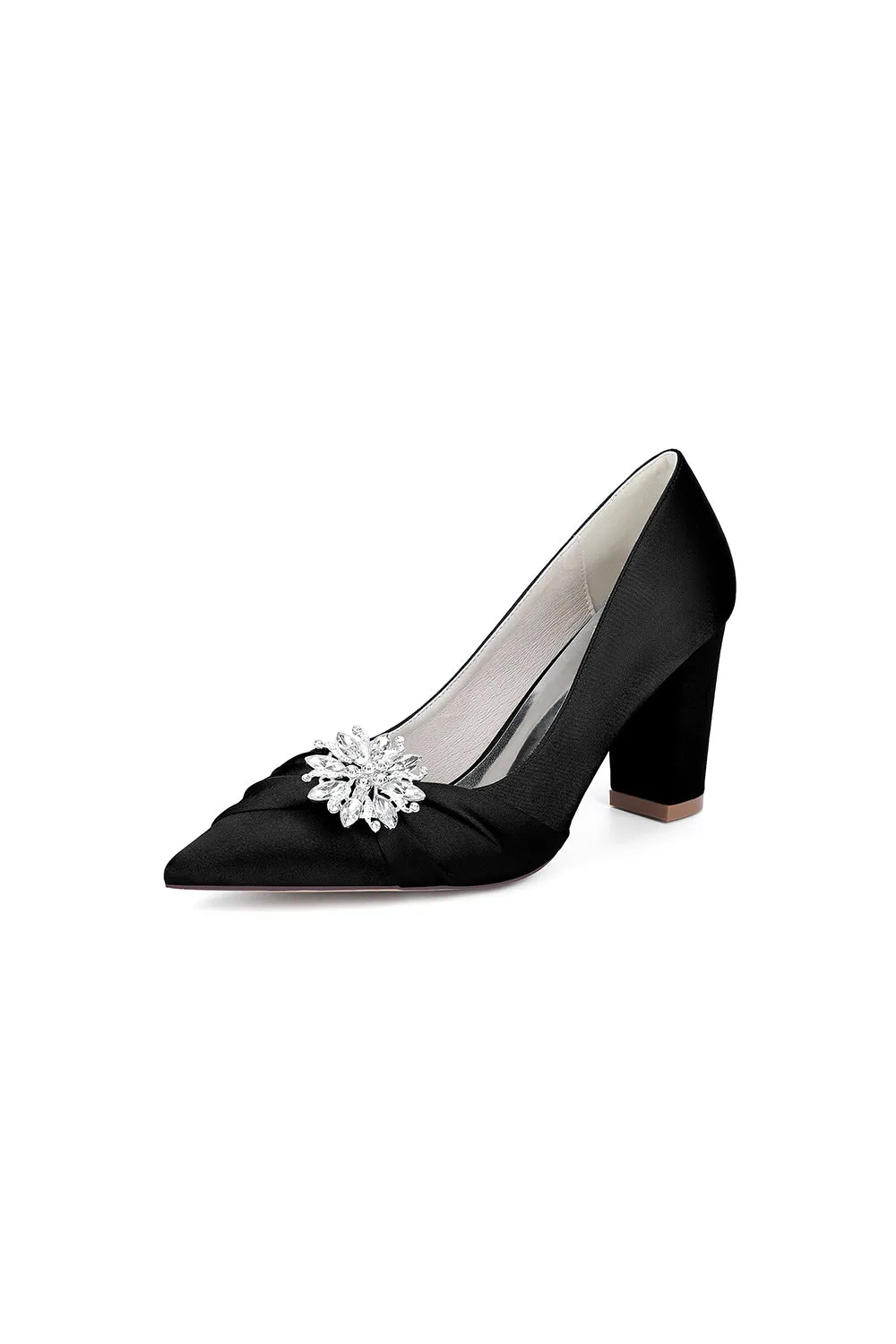 Black Satin High Heels with a Crystal Flower Accent sold by KissProm