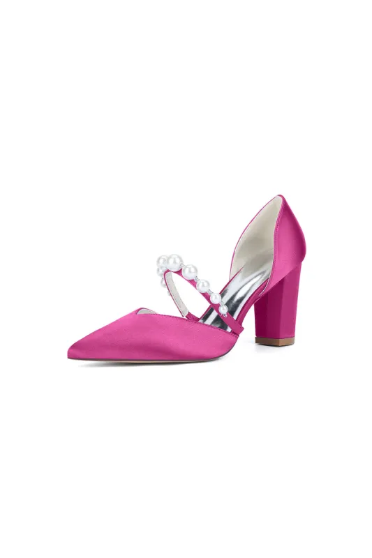 Fuchsia Satin High Heels with Pearl Accent sold by KissProm