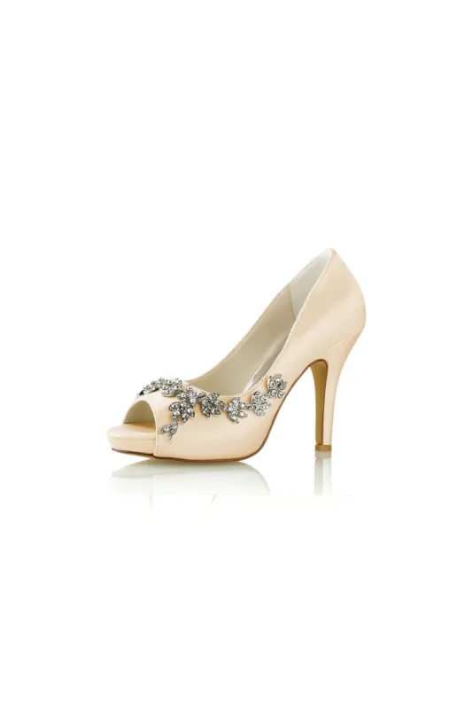 Champagne Satin Heels with Silver Metal Flower Ornament sold by KissProm