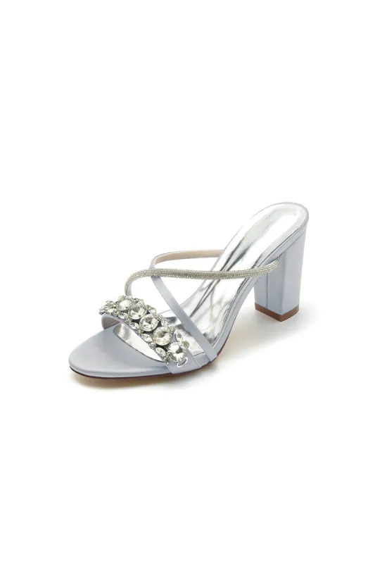 Silver Satin High Heels with Crystal and Metal Embellishments sold by KissProm