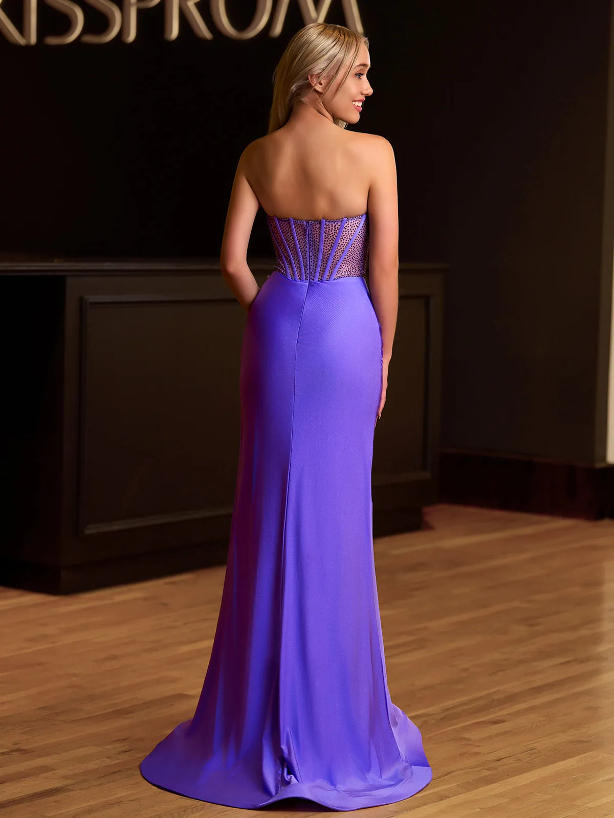 Arana| Fuchsia Mermaid Strapless Satin Long Prom Dresses With Beading sold by KissProm product image thumbnail 5