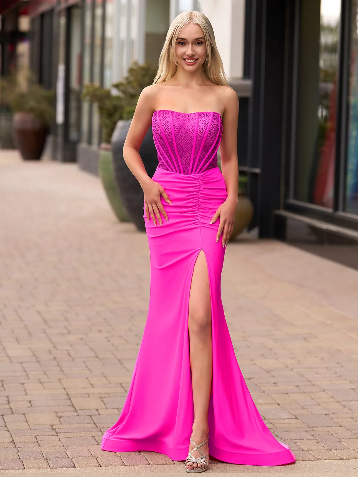 Arana| Fuchsia Mermaid Strapless Satin Long Prom Dresses With Beading sold by KissProm