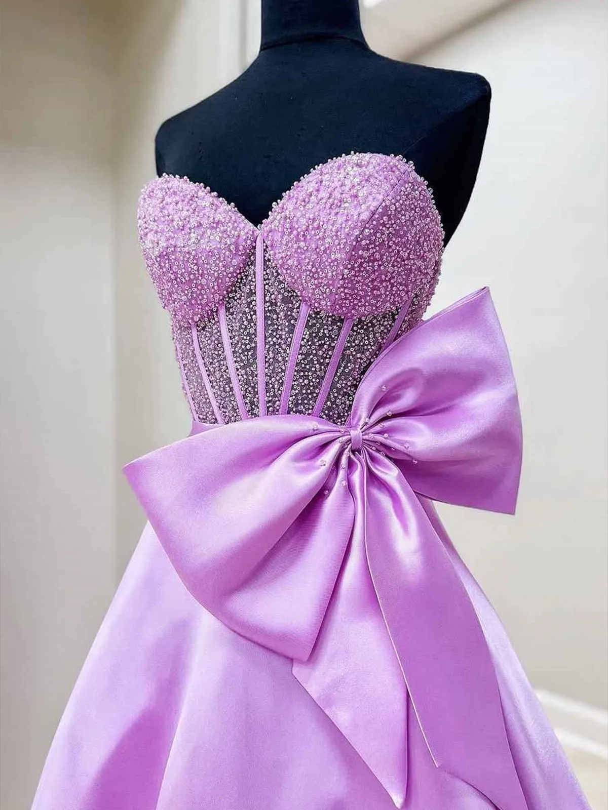 Hindreen | A-Line Sweetheart Lilac Beaded Long Prom Dresses With Bow sold by KissProm product image thumbnail 2
