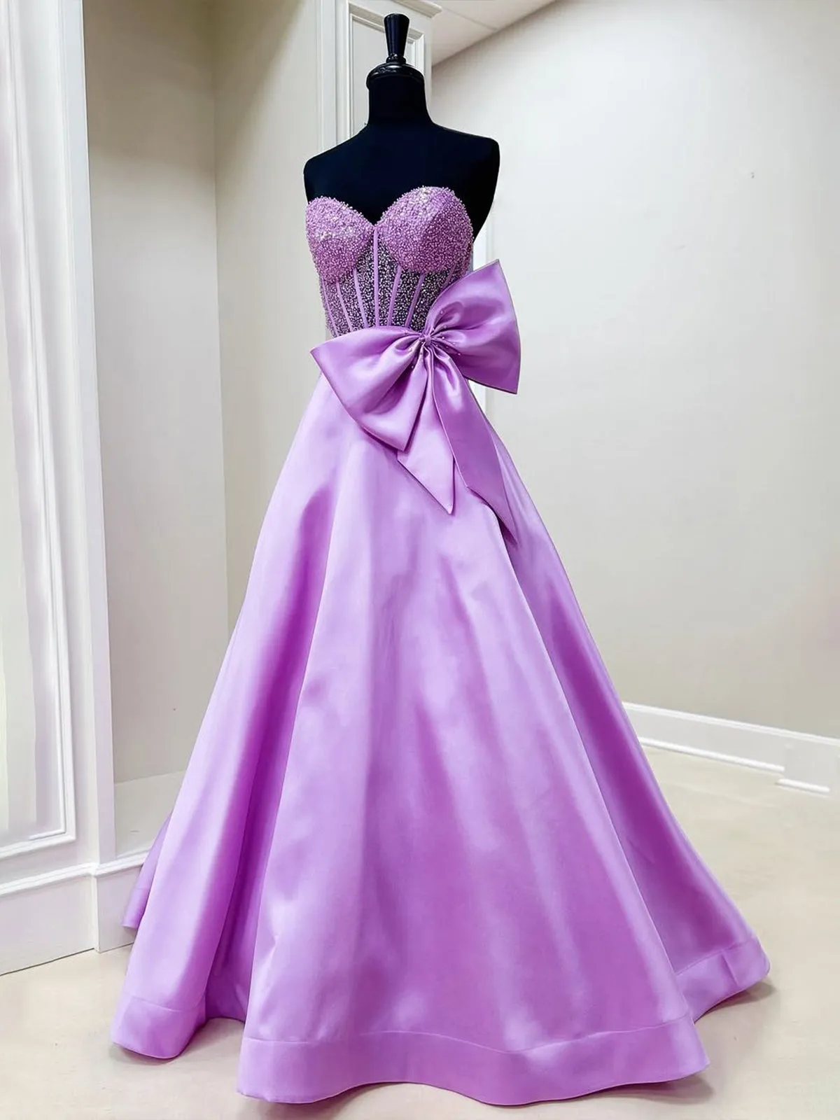Hindreen | A-Line Sweetheart Lilac Beaded Long Prom Dresses With Bow sold by KissProm