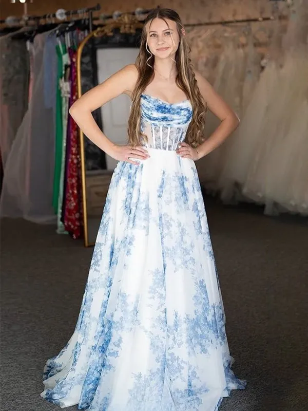 Inez | A-Line Strapless Blue Floral Print Long Prom Dresses sold by KissProm