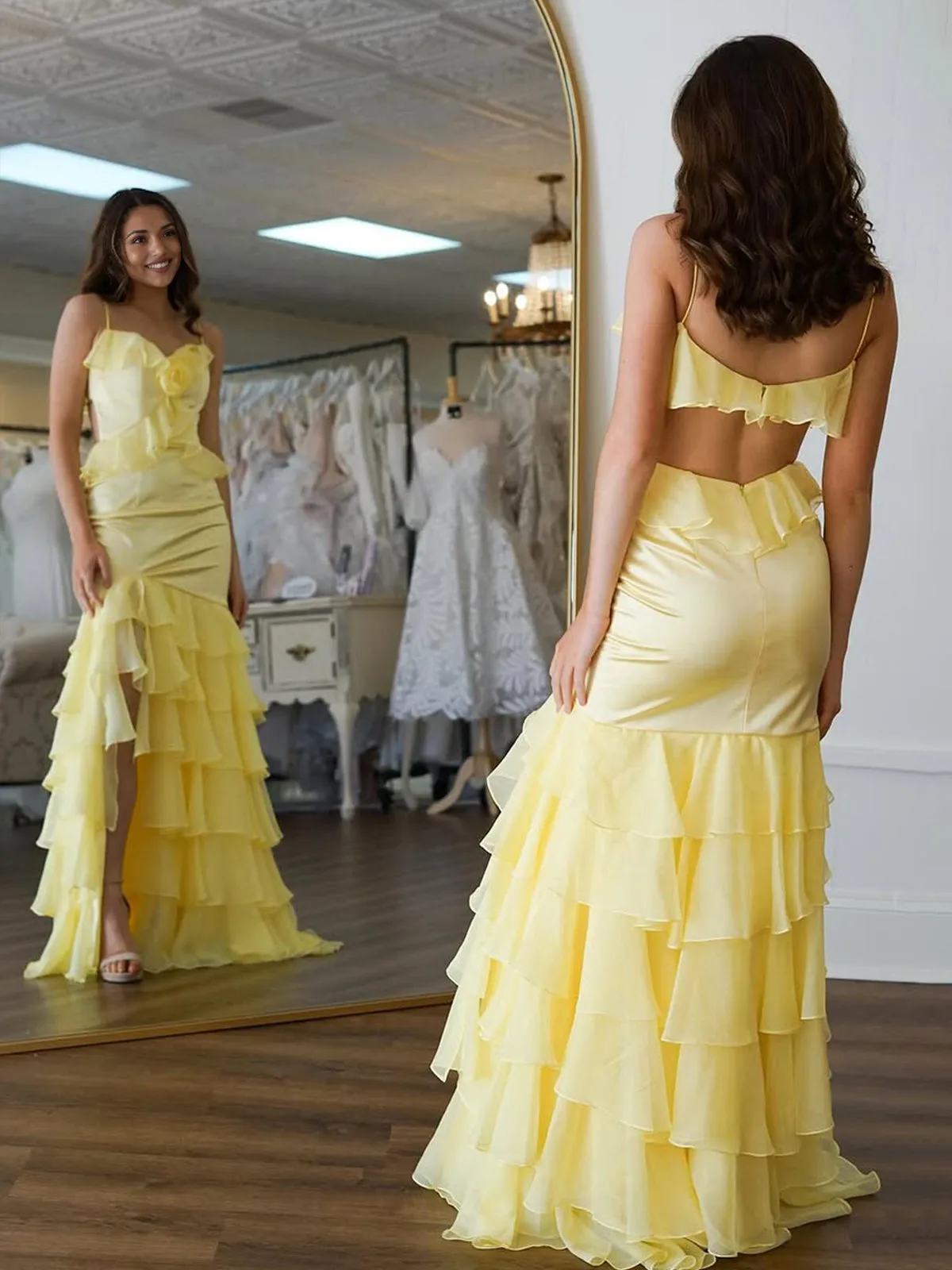 Khris | Mermaid V-Neck Yellow Ruffle Chiffon Long Prom Dresses with Flower sold by KissProm product image thumbnail 2