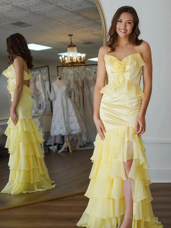 Khris | Mermaid V-Neck Yellow Ruffle Chiffon Long Prom Dresses with Flower sold by KissProm