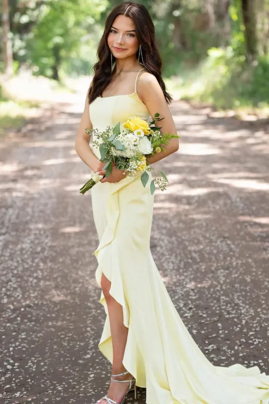Sophianne | Yellow Spaghetti Straps Mermaid Satin Formal Prom Dress sold by KissProm