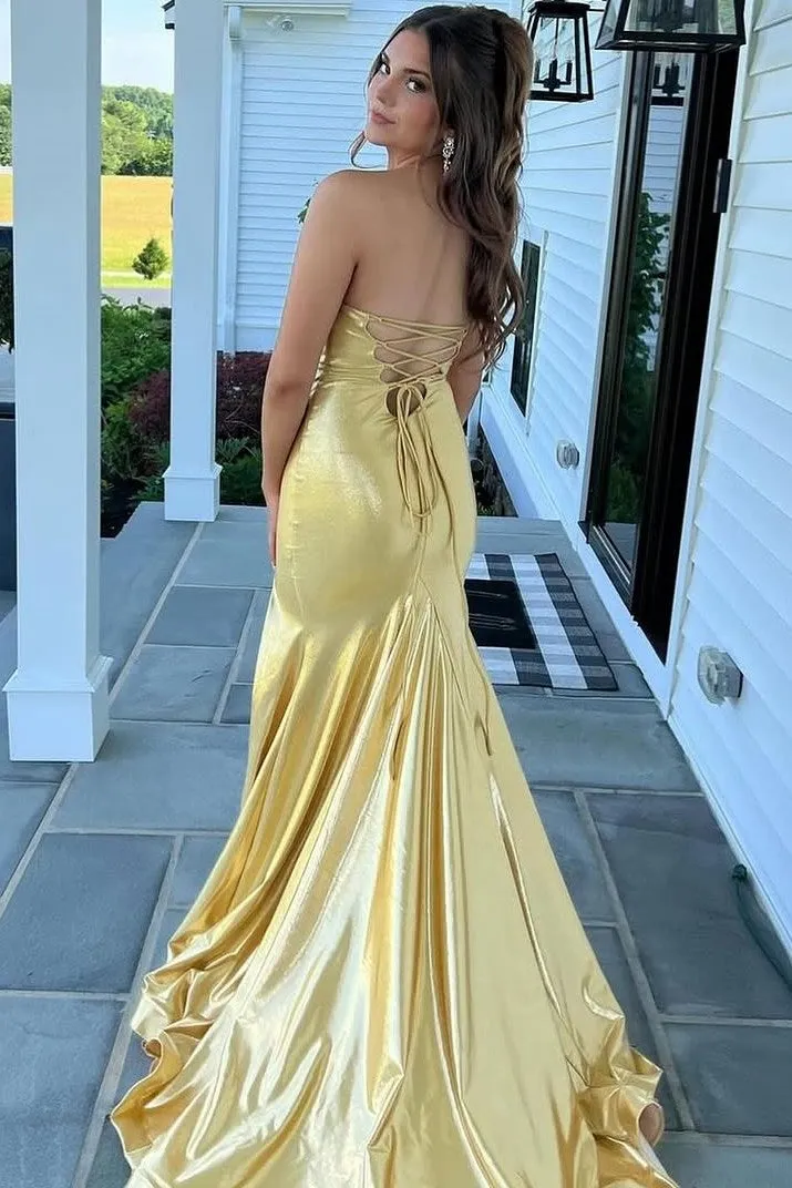 Leroy | Mermaid Yellow V-Neck Metallic Long Prom Dresses with Slit sold by KissProm product image thumbnail 2