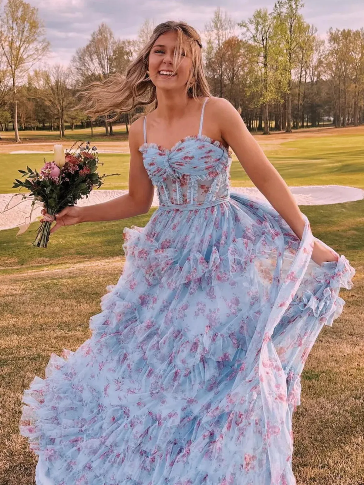 Leslie | A-Line Blue Floral Corset Tulle Ruffles Long Prom Dresses sold by KissProm