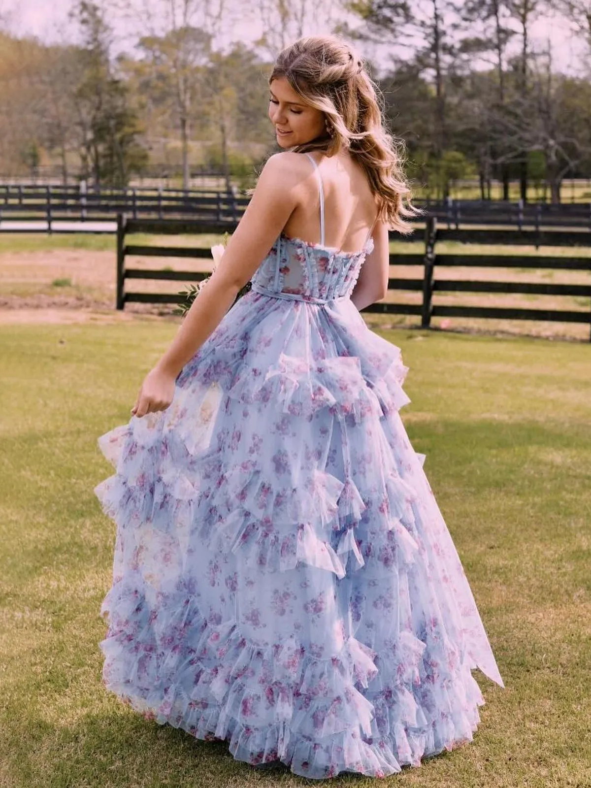 Leslie | A-Line Blue Floral Corset Tulle Ruffles Long Prom Dresses sold by KissProm product image thumbnail 2