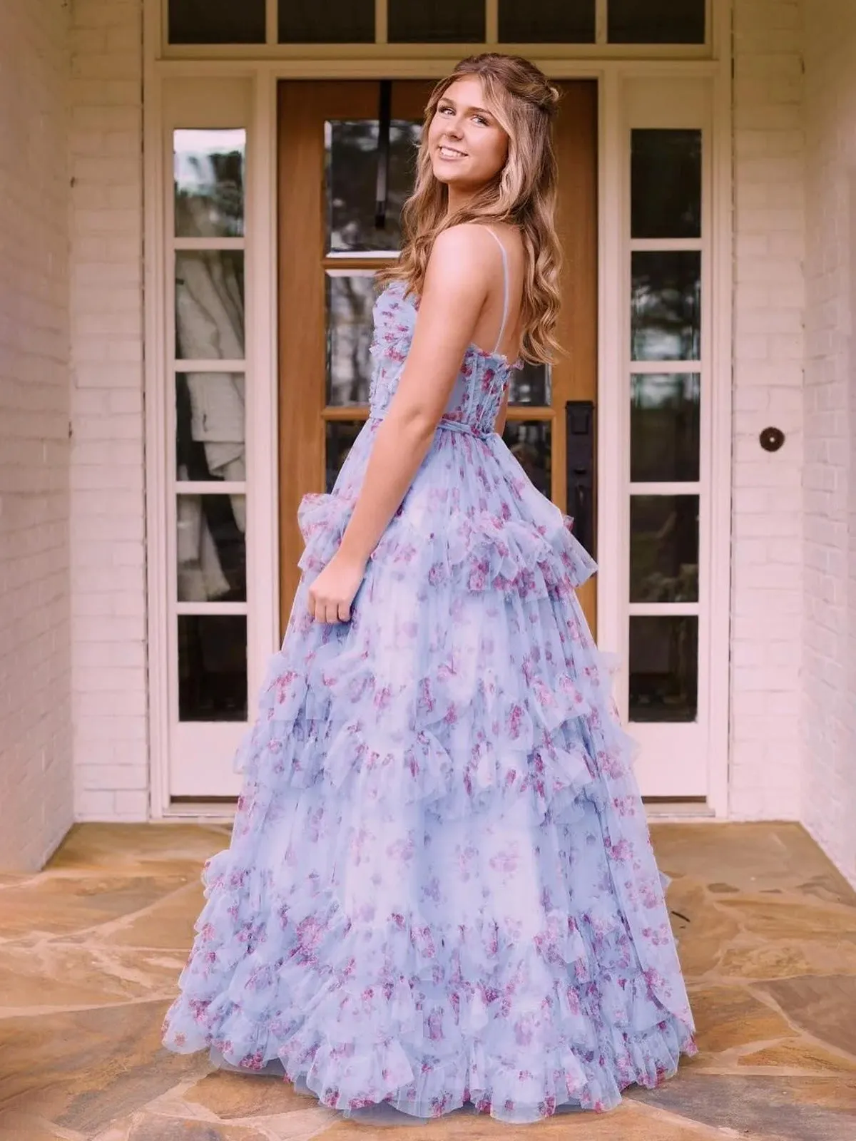 Leslie | A-Line Blue Floral Corset Tulle Ruffles Long Prom Dresses sold by KissProm product image thumbnail 3