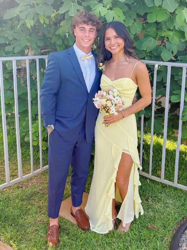 Venicia | V-Neck Yellow Chiffon Ruffles Long Prom Dresses with Slit sold by KissProm