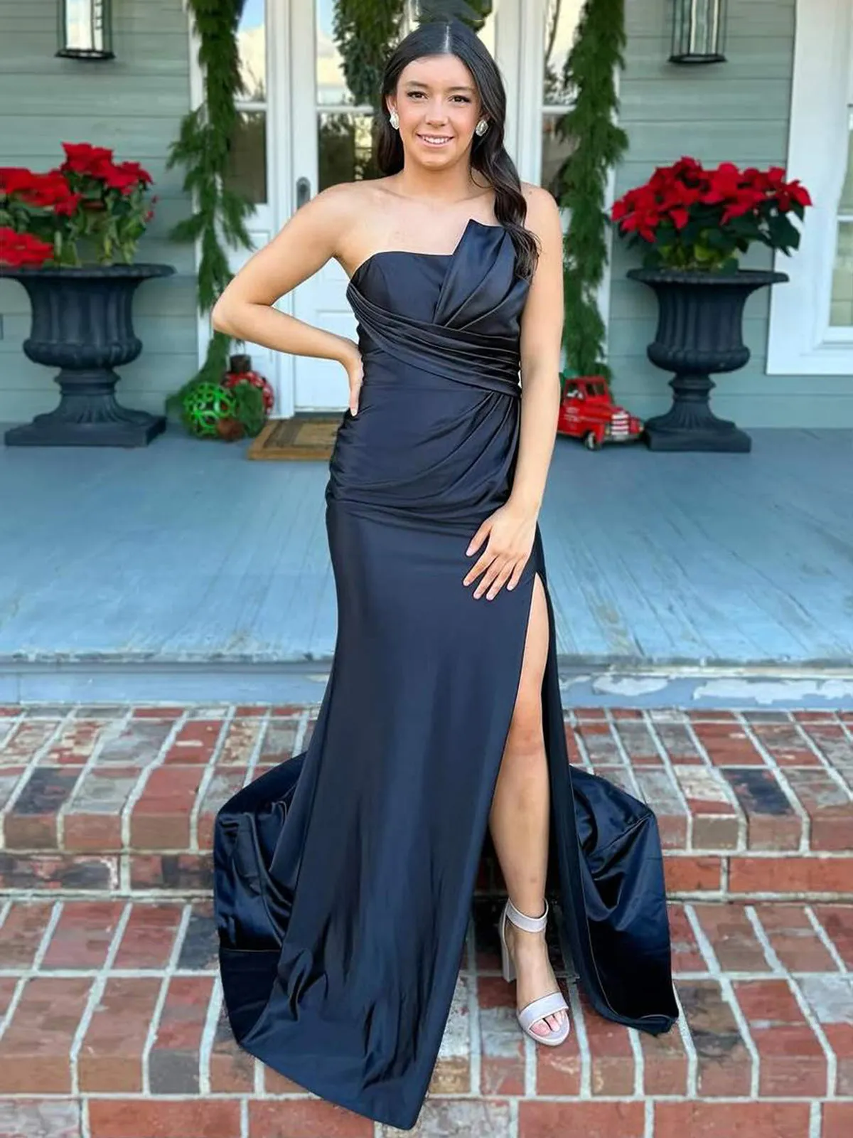 Shayna | Mermaid Pleats Strapless Black Long Prom Dresses with Slit sold by KissProm