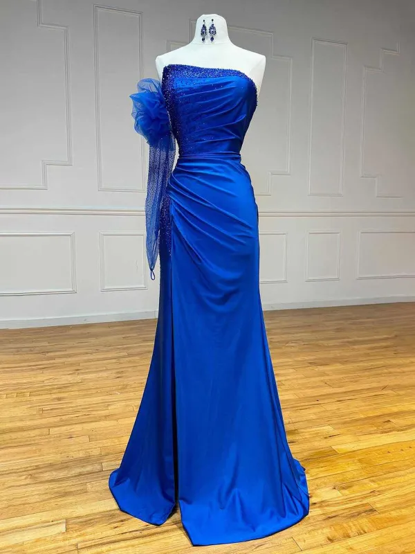 Sharice | Mermaid Strapless Beaded Ruched Long Prom Dress with Sleeve sold by KissProm