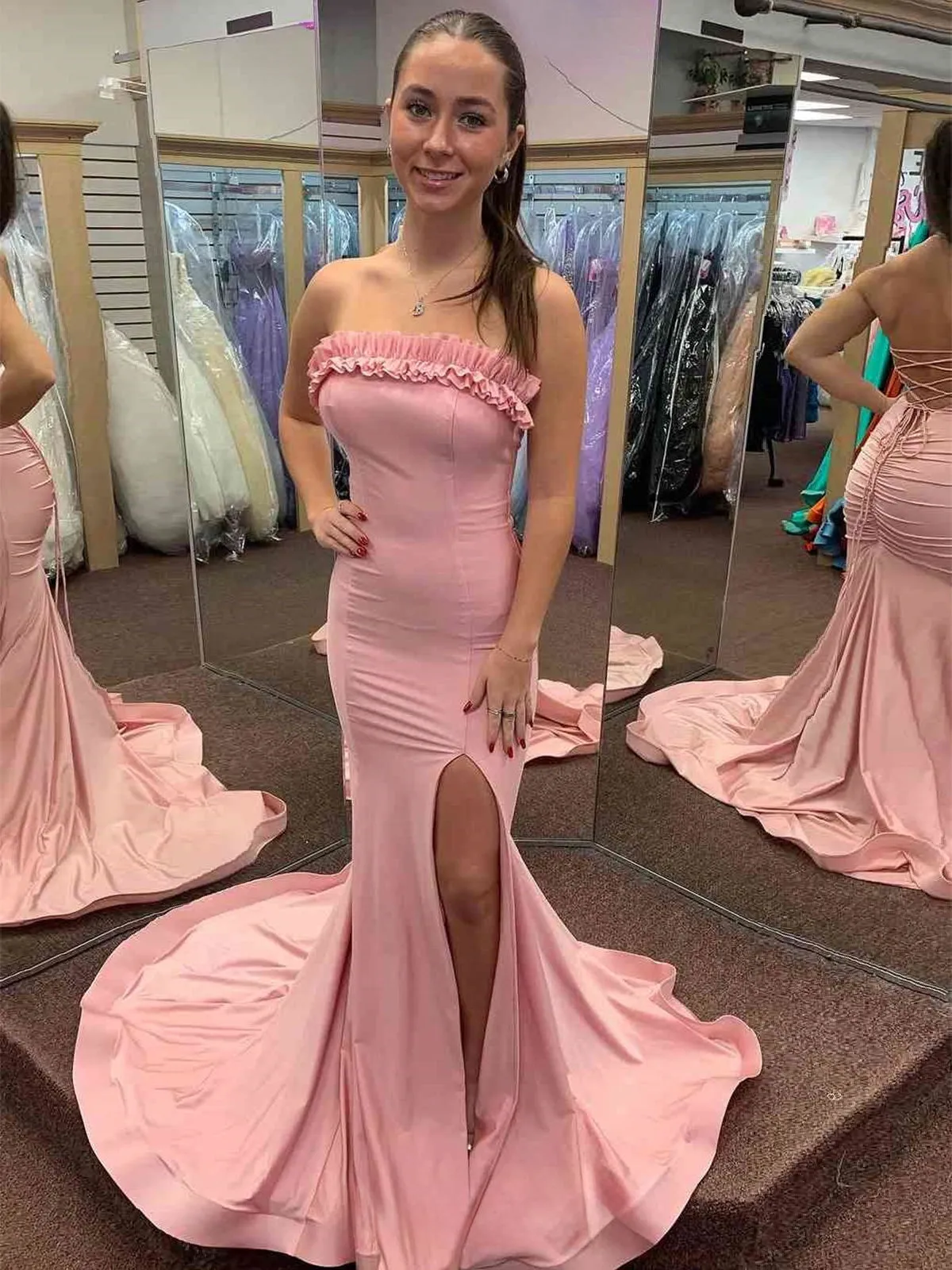Madona | Mermaid Ruffles Strapless Mermaid Long Prom Dresses with Slit sold by KissProm product image thumbnail 5