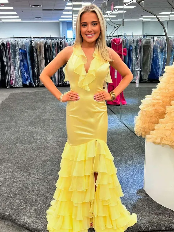 Yellow V Neck Satin Mermaid Ruffles Long Prom Dress made by KissProm