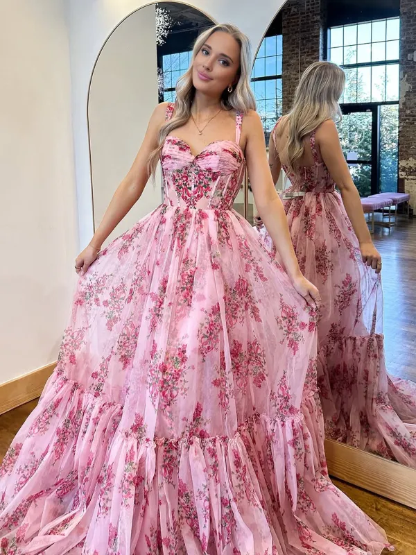 Sosi | Pink Sweetheart A Line  Floral Printed Chiffon Long Prom Dress With Bow sold by KissProm