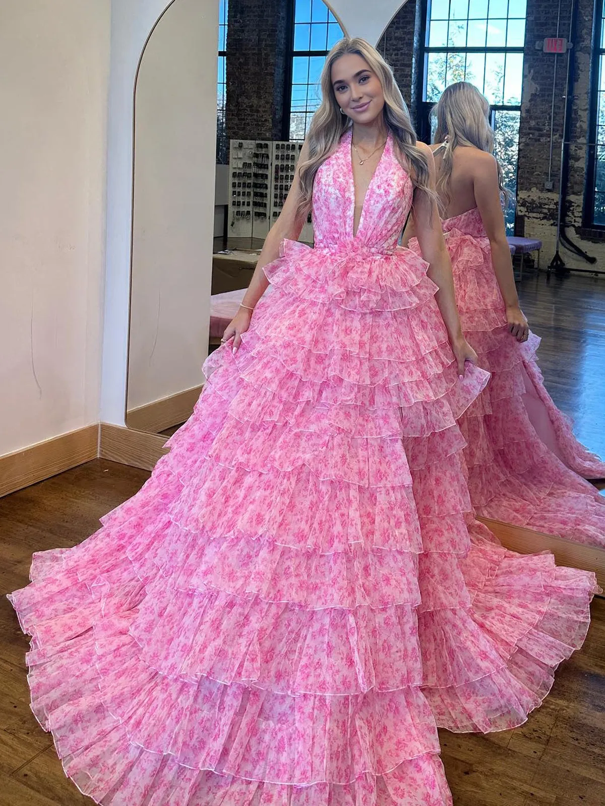 Nimue | Pink Halter Tulle Printed Ruffle Tiered A Line Prom Dresses sold by KissProm