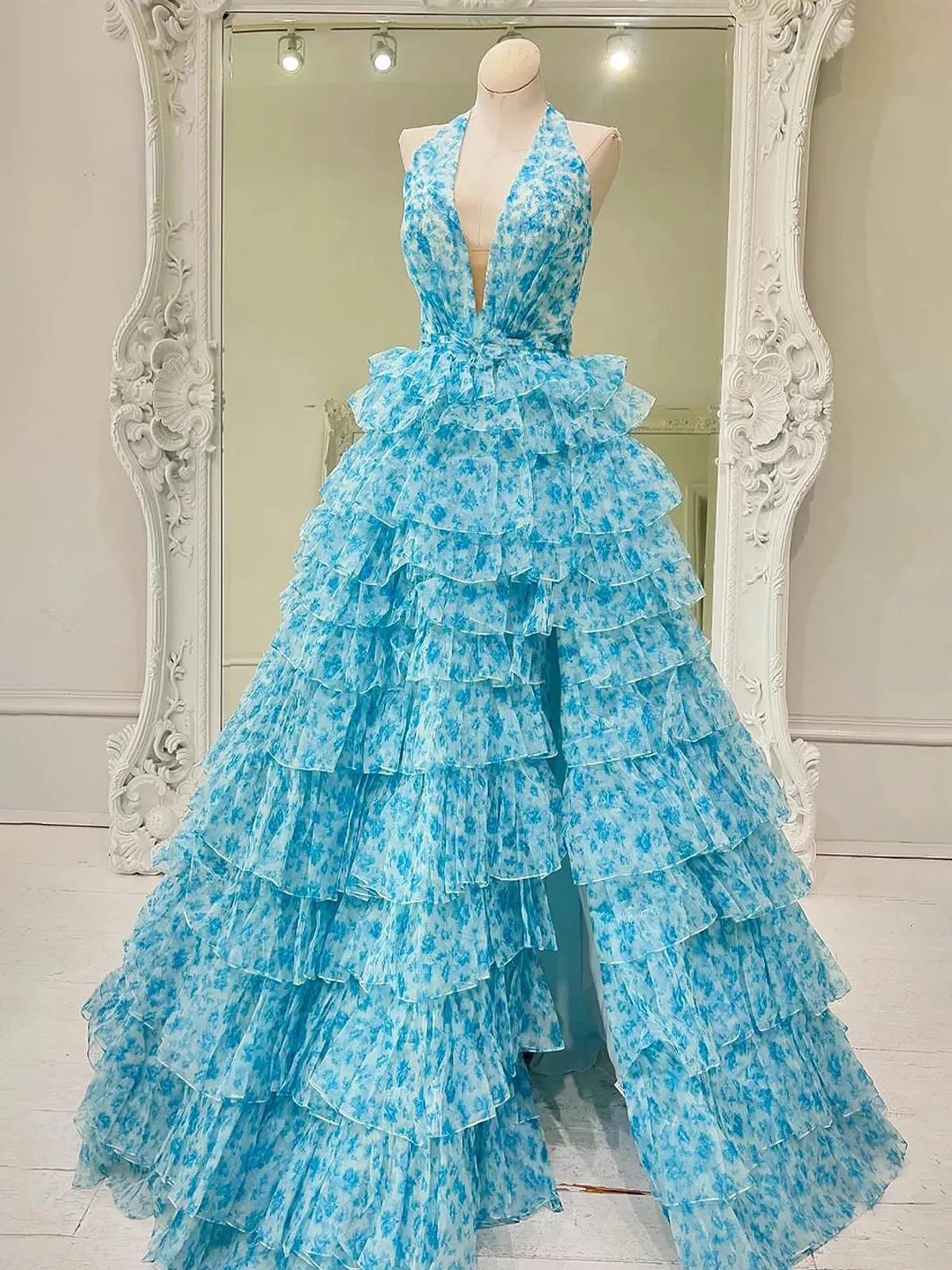 Nimue | Pink Halter Tulle Printed Ruffle Tiered A Line Prom Dresses sold by KissProm product image thumbnail 5