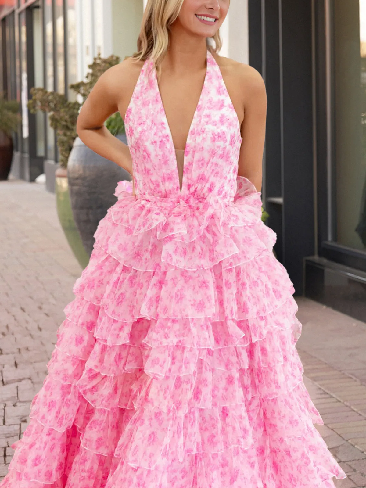 Nimue | Pink Halter Tulle Printed Ruffle Tiered A Line Prom Dresses sold by KissProm product image thumbnail 3