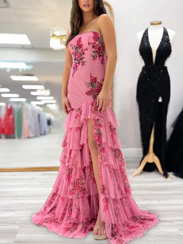 Liko | Pink Strapless Sequins Floral Printed Ruffle Tiered Mermaid Prom Dresses With Slit sold by KissProm