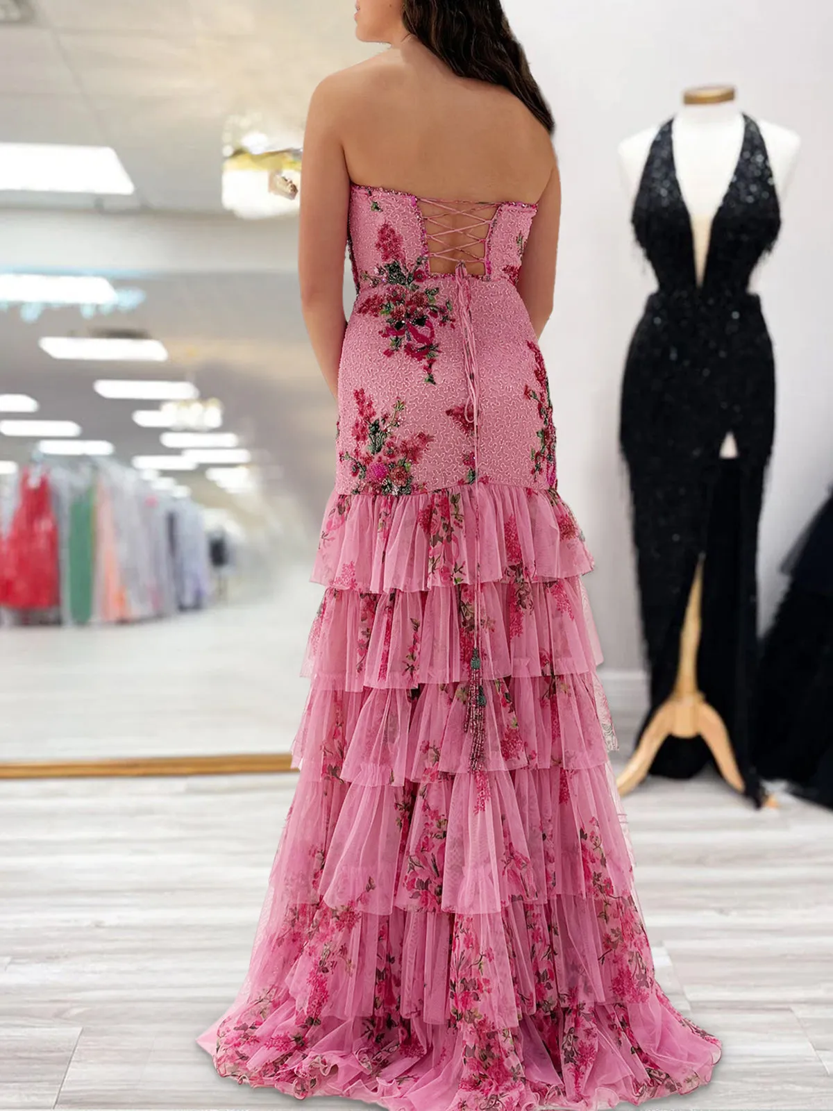 Liko | Pink Strapless Sequins Floral Printed Ruffle Tiered Mermaid Prom Dresses With Slit sold by KissProm product image thumbnail 2
