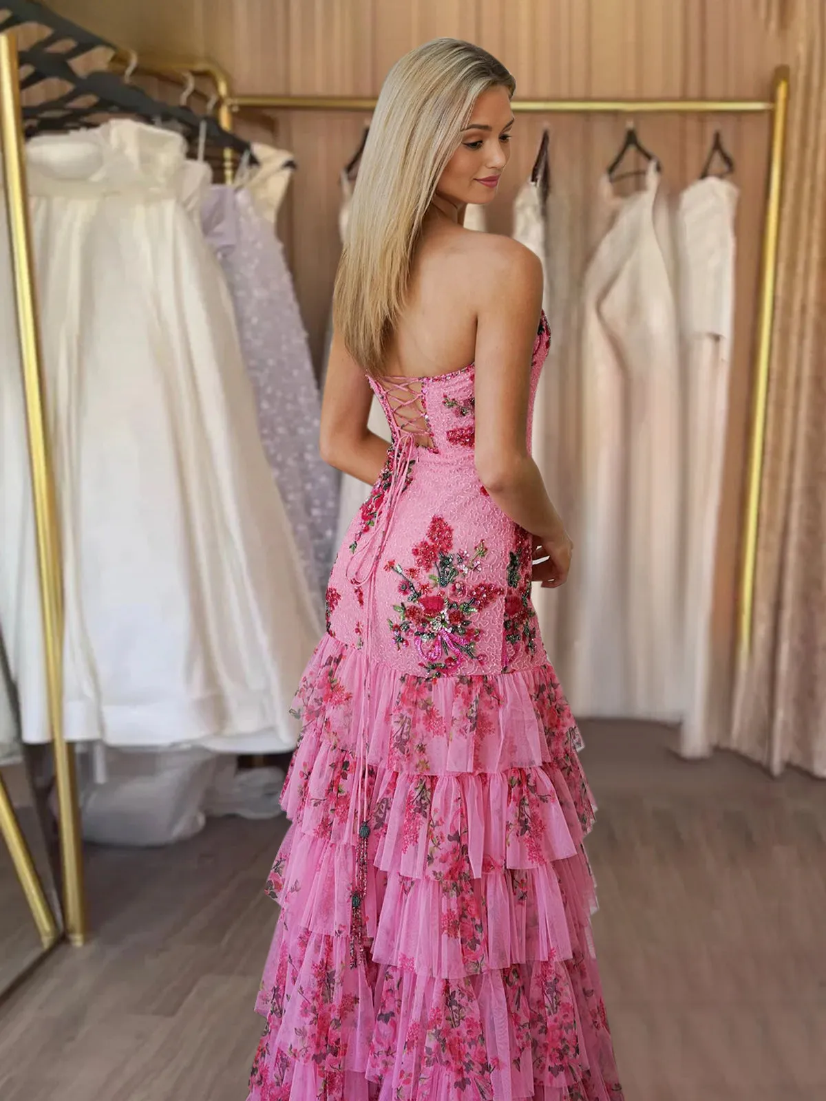 Liko | Pink Strapless Sequins Floral Printed Ruffle Tiered Mermaid Prom Dresses With Slit sold by KissProm product image thumbnail 4