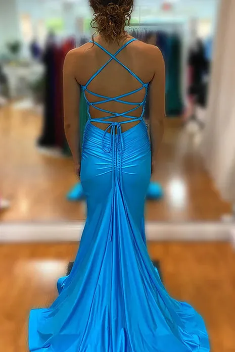 Barrie | Mermaid Spaghetti Straps Blue Satin Long Prom Dress with Criss Cross Back sold by KissProm product image thumbnail 2