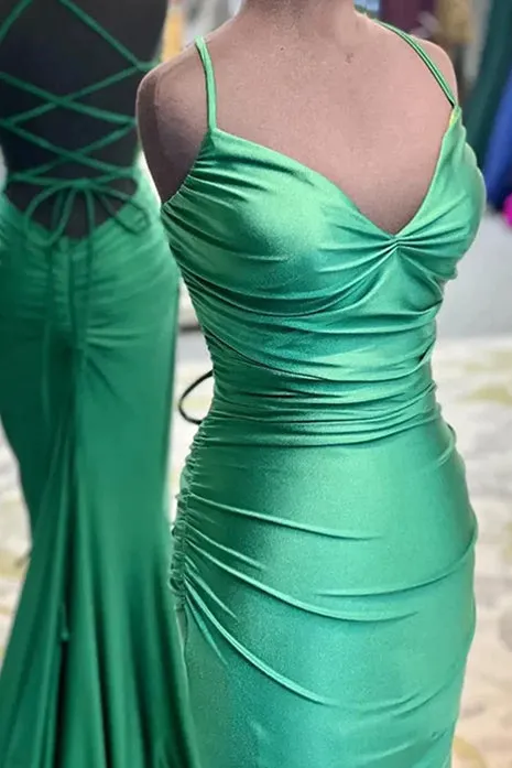 Barrie | Mermaid Spaghetti Straps Blue Satin Long Prom Dress with Criss Cross Back sold by KissProm product image thumbnail 4