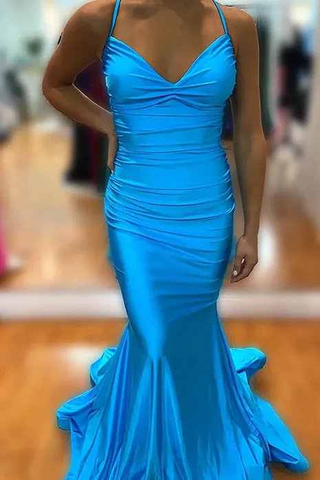 Barrie | Mermaid Spaghetti Straps Blue Satin Long Prom Dress with Criss Cross Back sold by KissProm