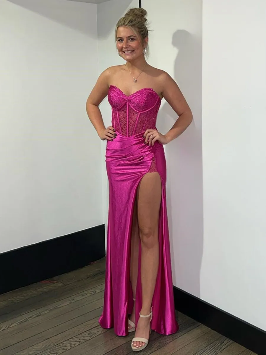 Fuchsia Beaded Sweetheart Mermaid Long Prom Dress sold by KissProm