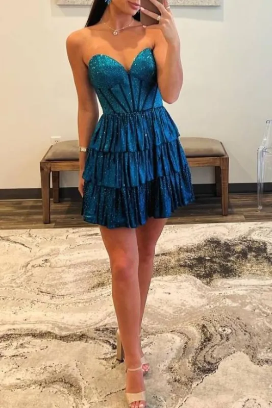 Maerith | Peacock - Strapless Ruffle Tiered Beaded Short Homecoming Dresses sold by KissProm