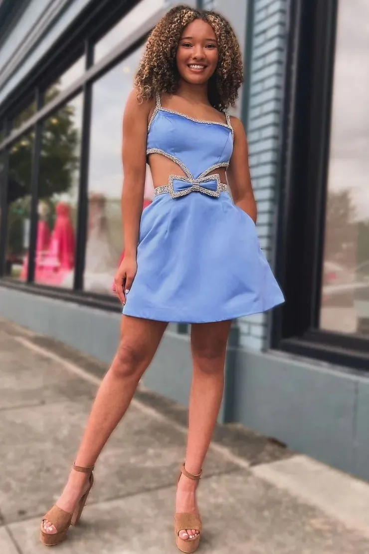 Kiro | Spaghetti Straps Blue Cutout Homecoming Dress with Bow sold by KissProm product image thumbnail 3