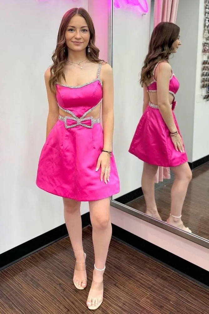 Kiro | Spaghetti Straps Blue Cutout Homecoming Dress with Bow sold by KissProm