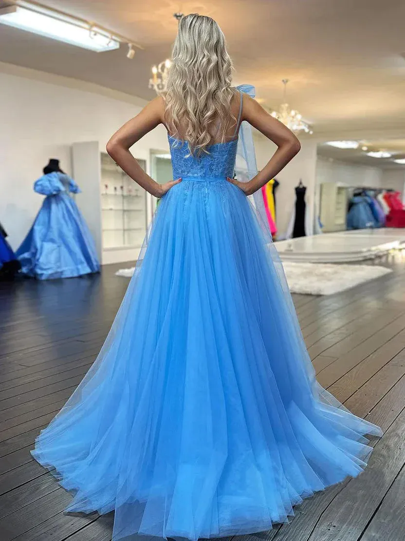 Ximena | Cute A Line One Shoulder Blue Tulle Prom Dress with Appliques sold by KissProm product image thumbnail 2