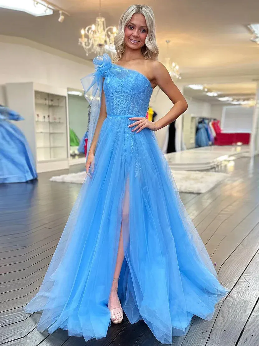 Ximena | Cute A Line One Shoulder Blue Tulle Prom Dress with Appliques sold by KissProm