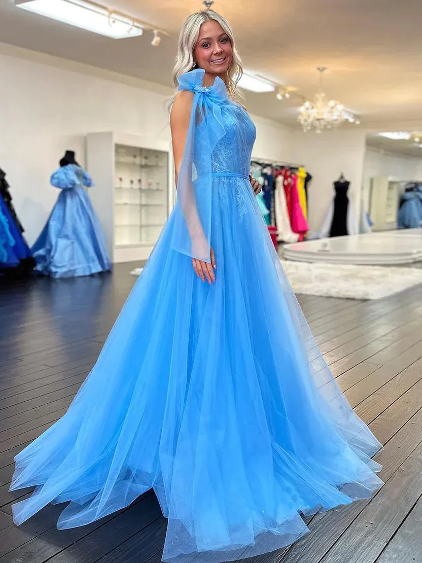 Ximena | Cute A Line One Shoulder Blue Tulle Prom Dress with Appliques sold by KissProm product image thumbnail 3