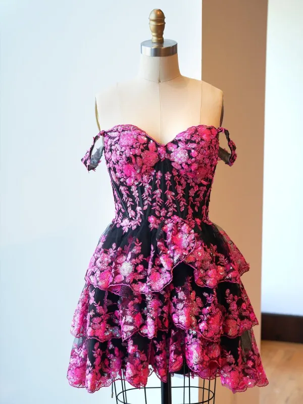 Everly | Black Pink - A-Line Sweetheart Tiered Short Homecoming & Cocktail Dresses sold by KissProm